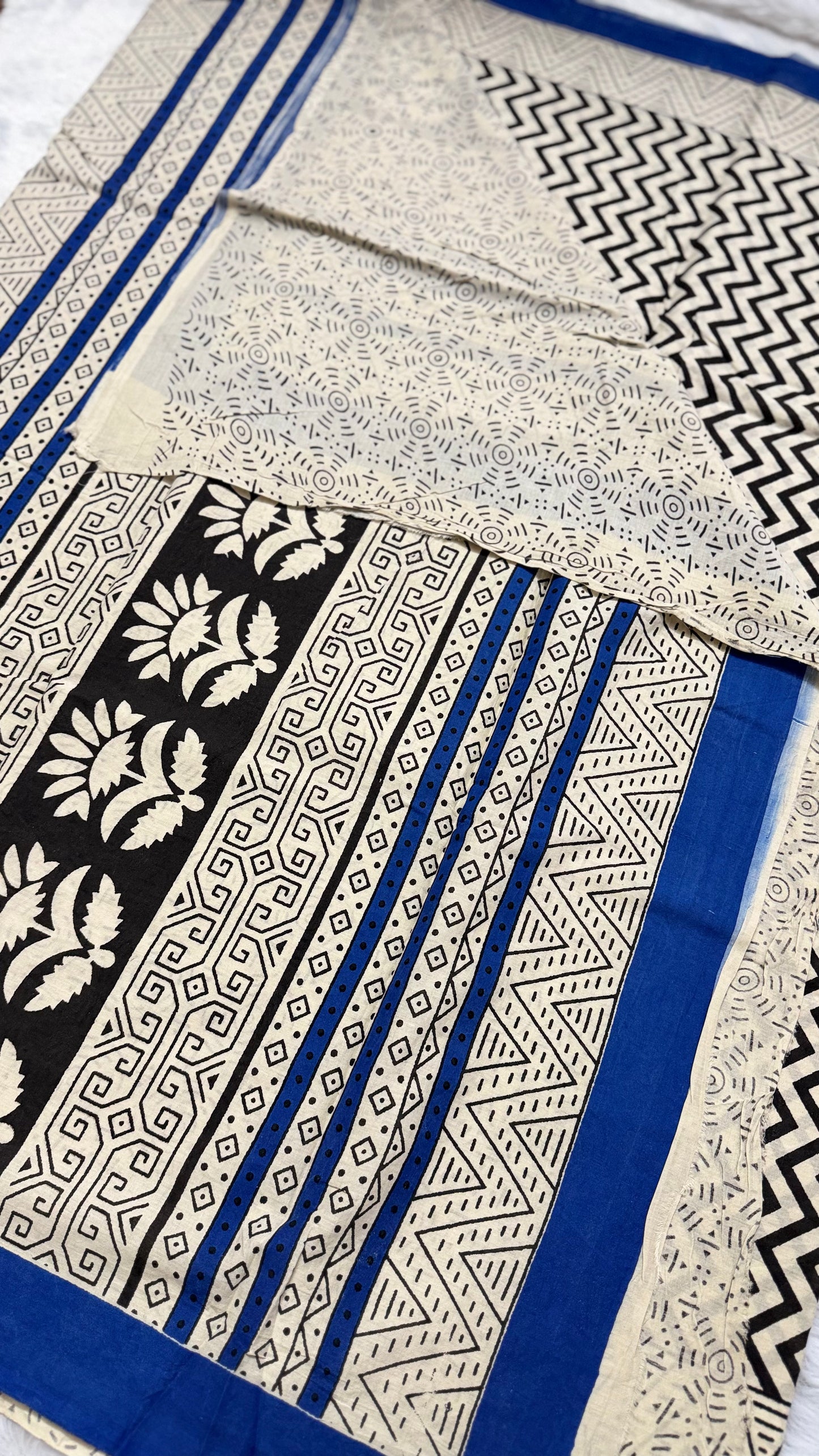 Black White with Blue Border Hand-Block Printed Pure Jaipur Cotton