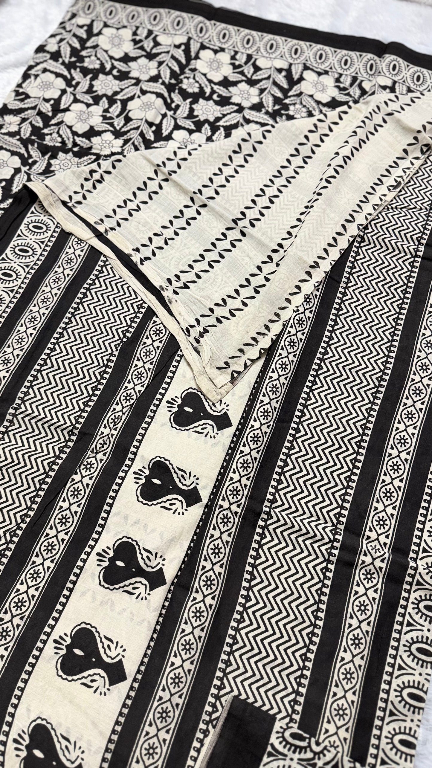 Black & White Floral Hand-Block Printed Pure Jaipur Cotton.