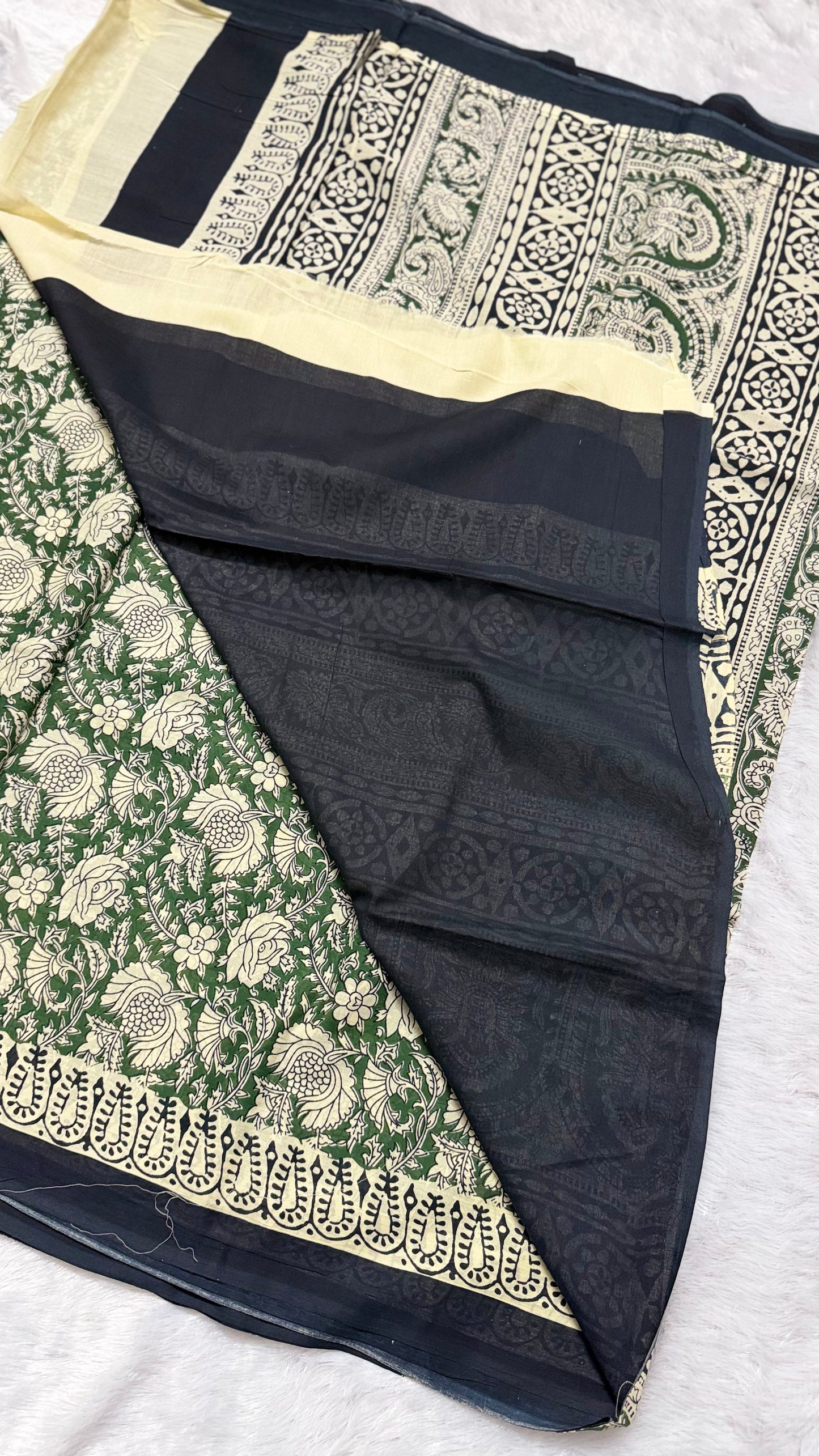 Bottle Green Floral Hand-Block Printed Pure Jaipur Cotton